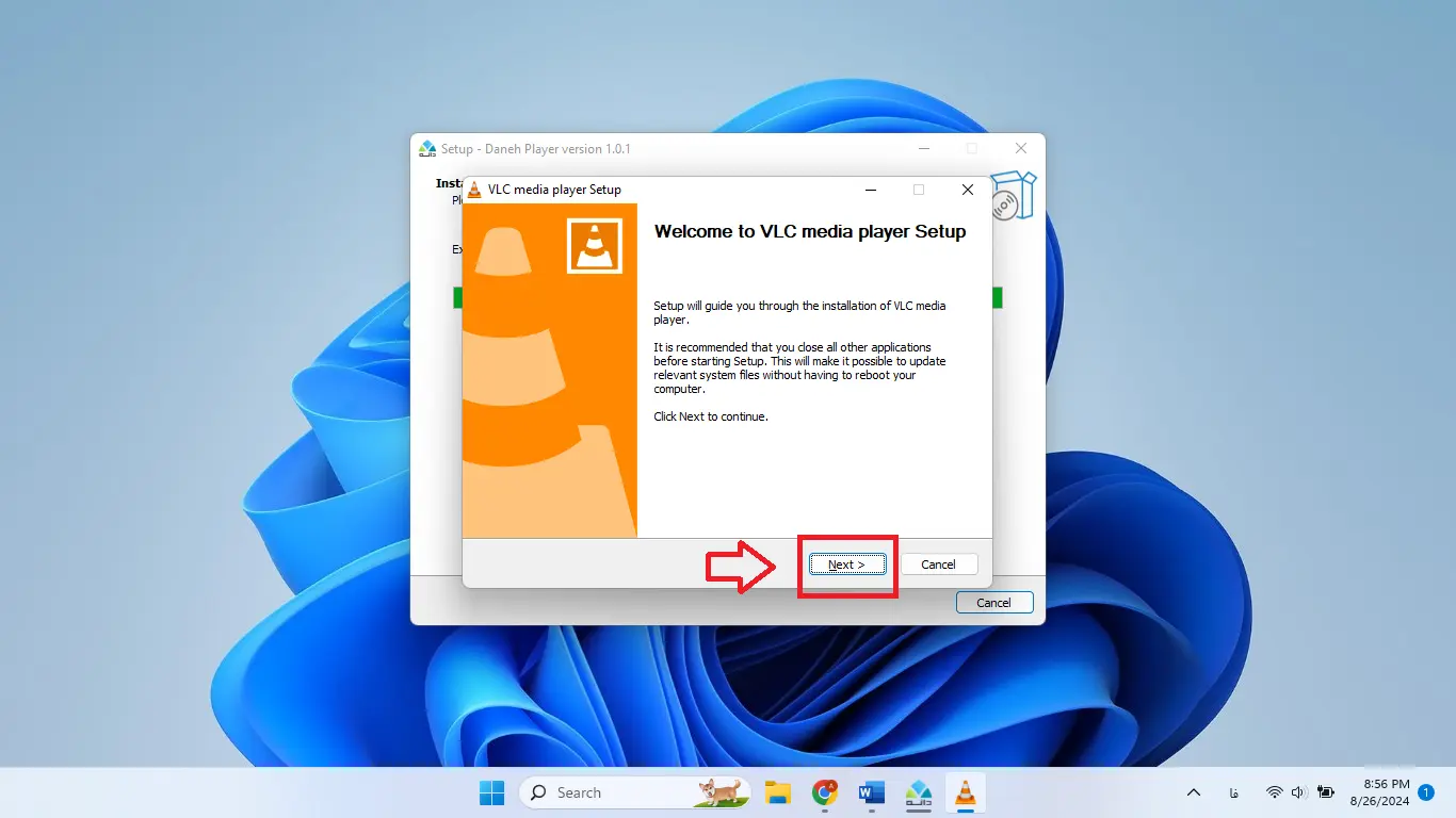 آموزش نصب دانه پلیر – اجرای نصب VLC و ادامه مراحل با زدن Next